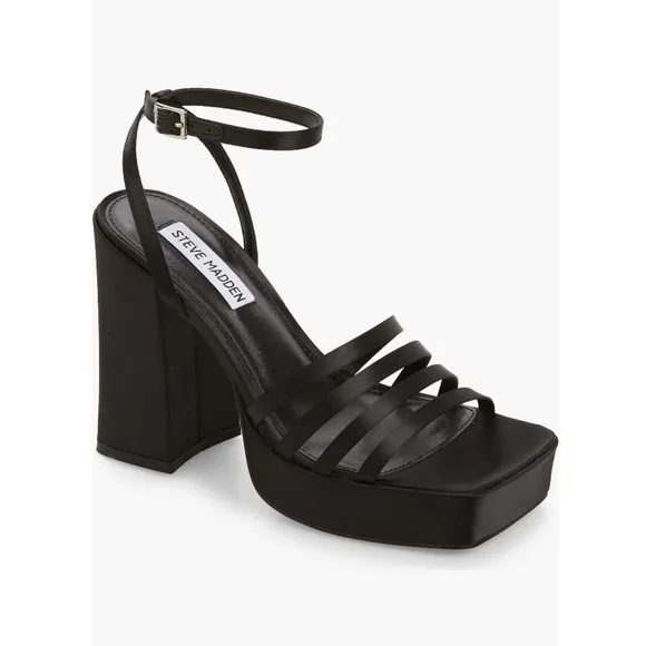 Steve Madden Disco Platform Sandals All Black Women’s Size 9 Black Satin NIB