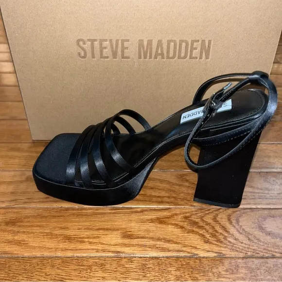 Steve Madden Disco Platform Sandals All Black Women’s Size 9 Black Satin NIB