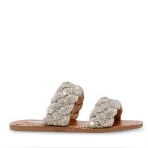 Steve Madden Newbie Silver Rhinestone Braided Slide Flat Sandals Size 7 MSRP$100