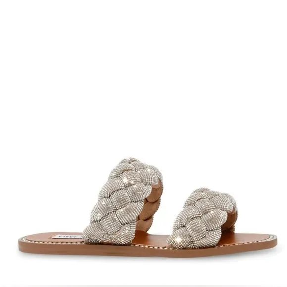 Steve Madden Newbie Silver Rhinestone Braided Slide Flat Sandals Size 7 MSRP$100