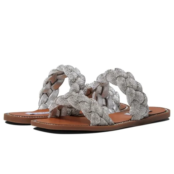 Steve Madden Newbie Silver Rhinestone Braided Slide Flat Sandals Size 7 MSRP$100