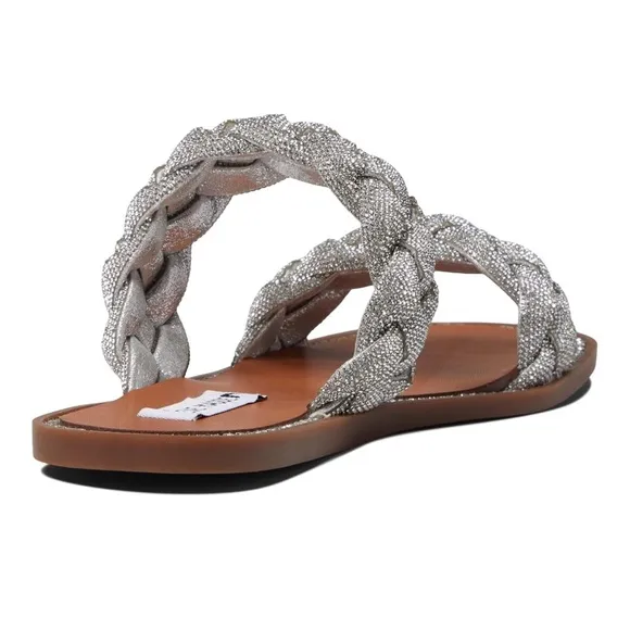 Steve Madden Newbie Silver Rhinestone Braided Slide Flat Sandals Size 7 MSRP$100