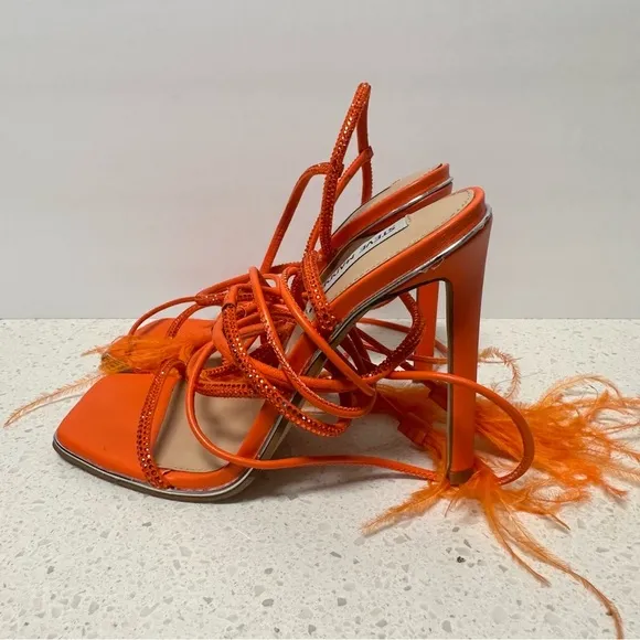 STEVE MADDEN Upgrade Rhinestone High Heel Sandals 7 Orange Wrap Lace-Up