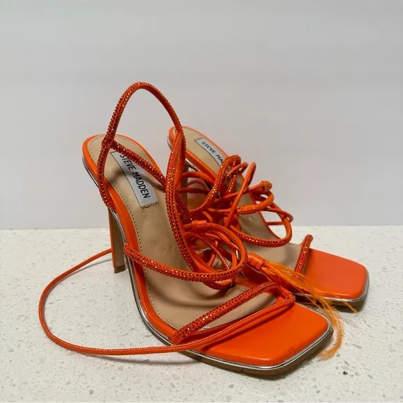 STEVE MADDEN Upgrade Rhinestone High Heel Sandals 7 Orange Wrap Lace-Up