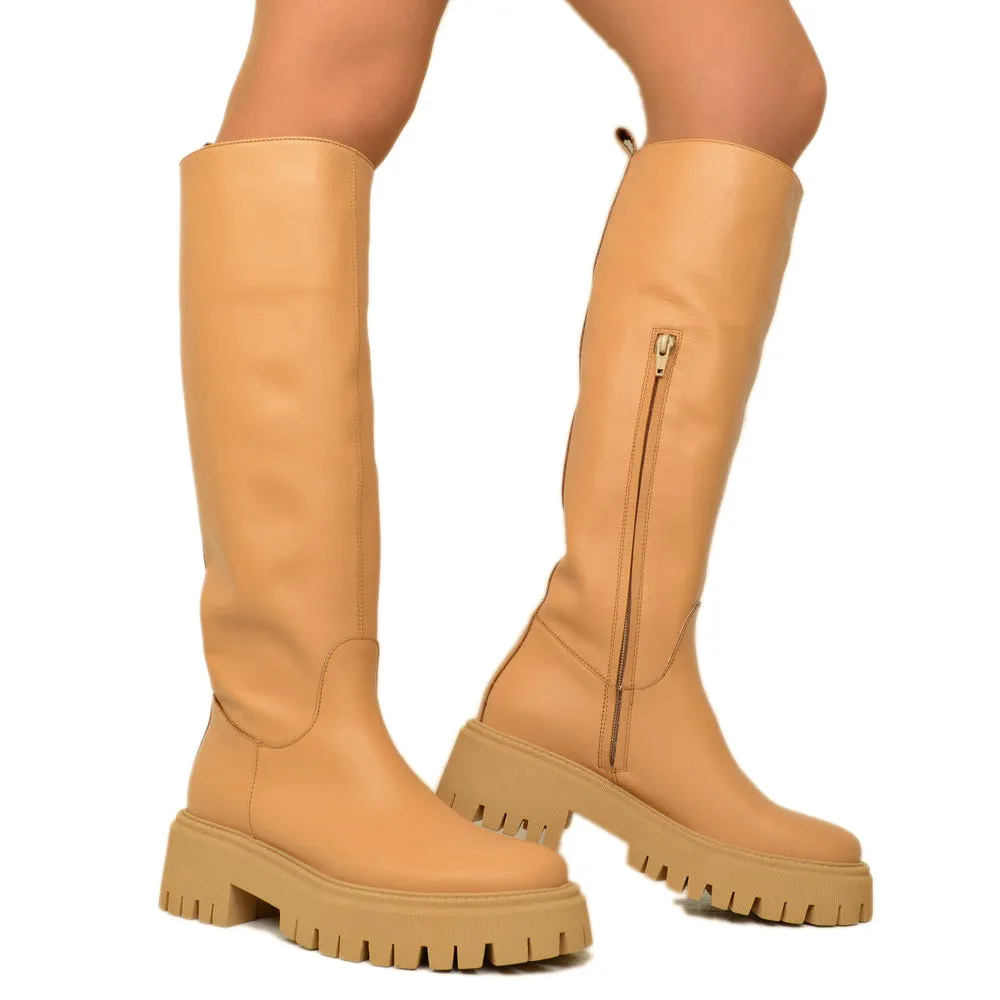 Stivali Donna Cuoio in Pelle con Fondo Platform Made in Italy