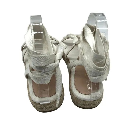 Stuart Weitzman Altdup Canvas Espadrille Wrap Sandals Cream Straps Size 7B