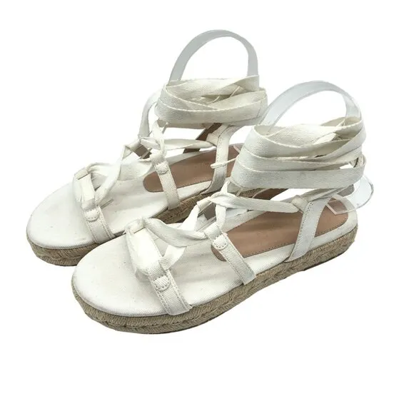 Stuart Weitzman Altdup Canvas Espadrille Wrap Sandals Cream Straps Size 7B
