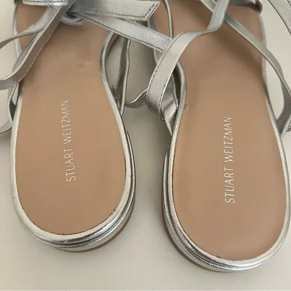 STUART WEITZMAN Anita Metallic Leather Ankle Strap Flat Sandals NEW MSRP $395