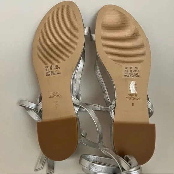 STUART WEITZMAN Anita Metallic Leather Ankle Strap Flat Sandals NEW MSRP $395