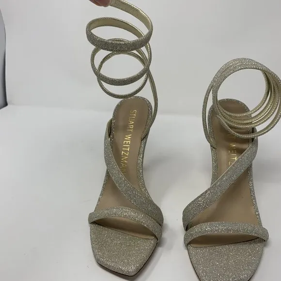 Stuart Weitzman Beatrix 100 Wrap Sandals Women's Size 8B Fig-Fine Glitter S0447‎
