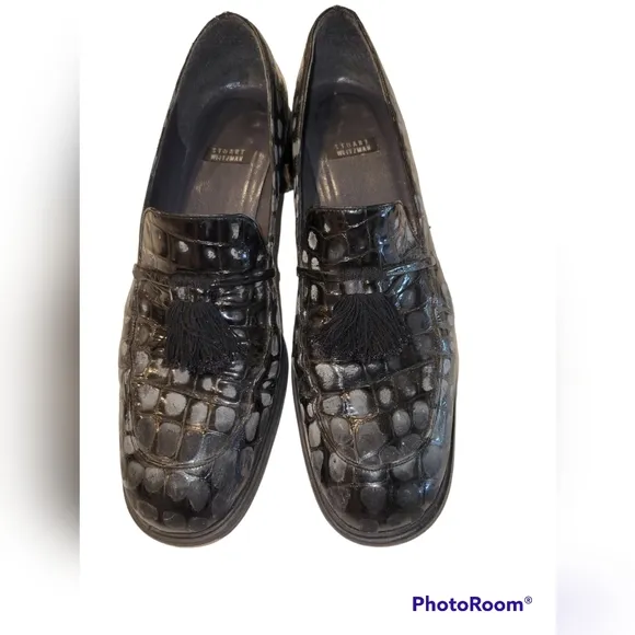 STUART WEITZMAN BLACK CROC TASSLE LEATHER LOAFERS SIZE 7.5