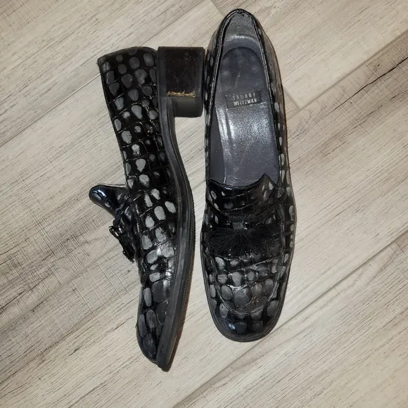 STUART WEITZMAN BLACK CROC TASSLE LEATHER LOAFERS SIZE 7.5