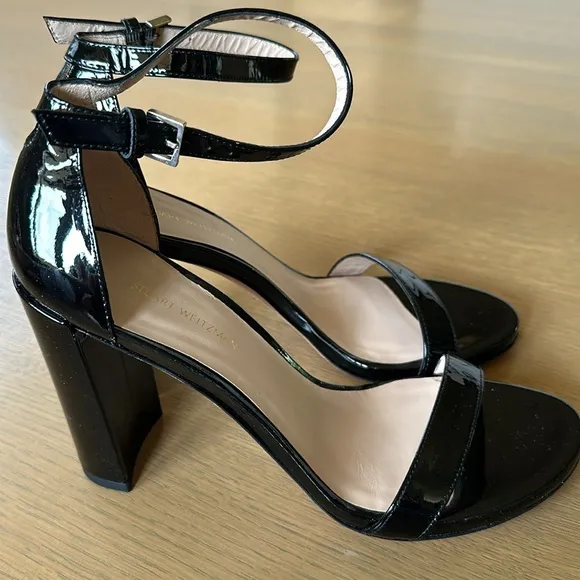 Stuart Weitzman Black Patent Leather Sandal Heels