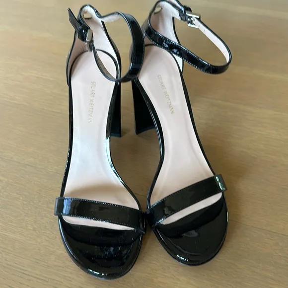 Stuart Weitzman Black Patent Leather Sandal Heels