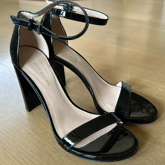 Stuart Weitzman Black Patent Leather Sandal Heels