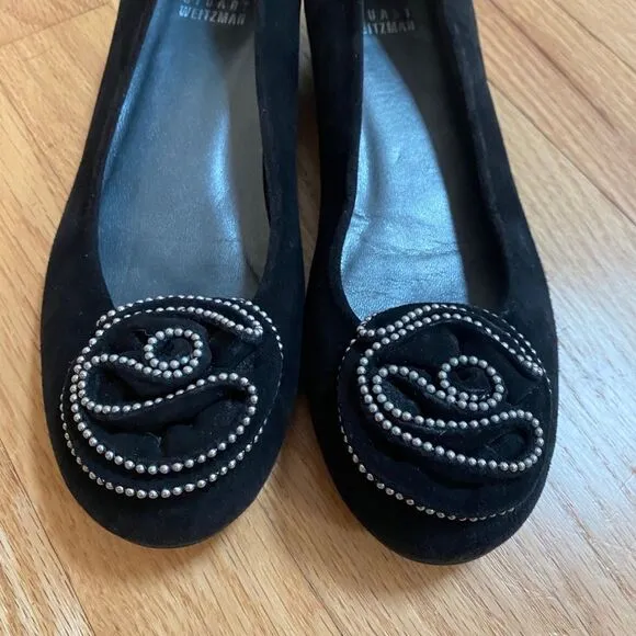 STUART WEITZMAN | Black Suede Rosette Studded Beaded Embellished Ballet Flat 6.5