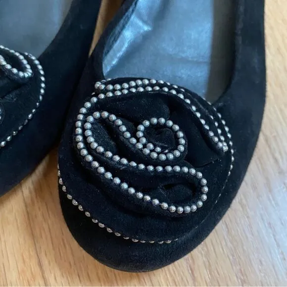STUART WEITZMAN | Black Suede Rosette Studded Beaded Embellished Ballet Flat 6.5