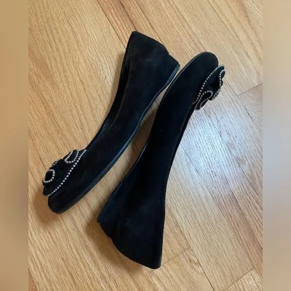 STUART WEITZMAN | Black Suede Rosette Studded Beaded Embellished Ballet Flat 6.5