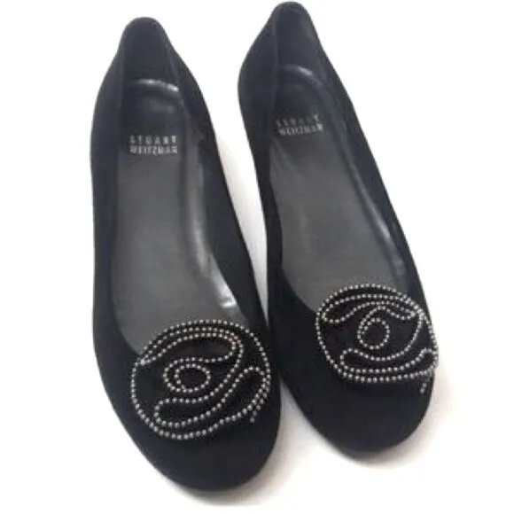 STUART WEITZMAN | Black Suede Rosette Studded Beaded Embellished Ballet Flat 6.5