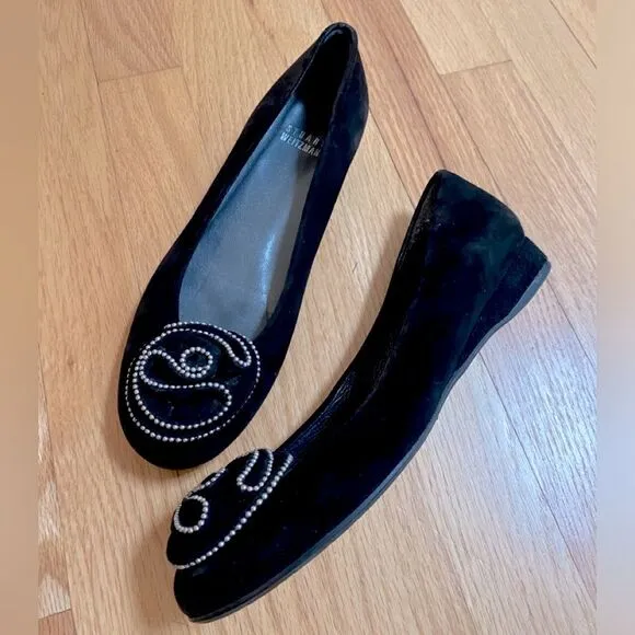 STUART WEITZMAN | Black Suede Rosette Studded Beaded Embellished Ballet Flat 6.5