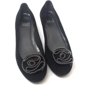 STUART WEITZMAN | Black Suede Rosette Studded Beaded Embellished Ballet Flat 6.5