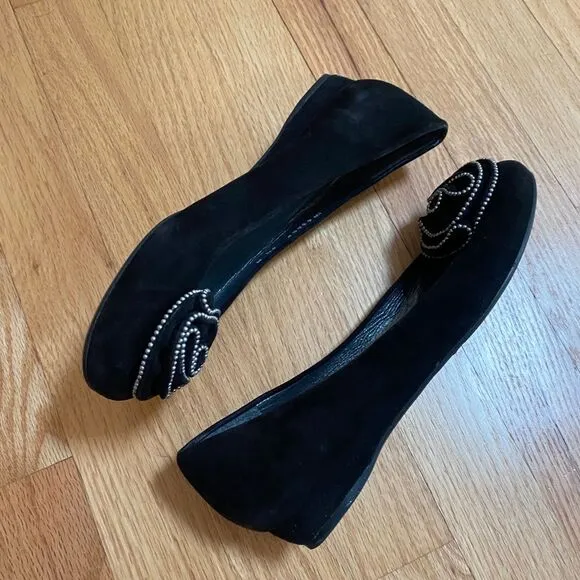 STUART WEITZMAN | Black Suede Rosette Studded Beaded Embellished Ballet Flat 6.5