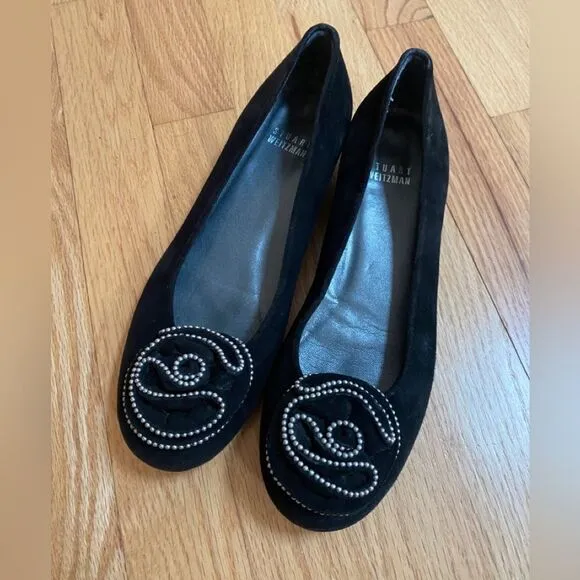 STUART WEITZMAN | Black Suede Rosette Studded Beaded Embellished Ballet Flat 6.5