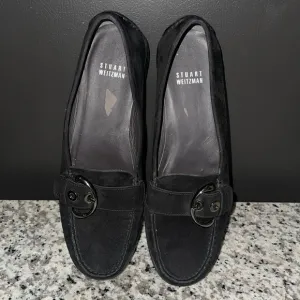 Stuart Weitzman Black Suede Silver Buckle Low Wedge Buckle Loafers Size 7 1/2