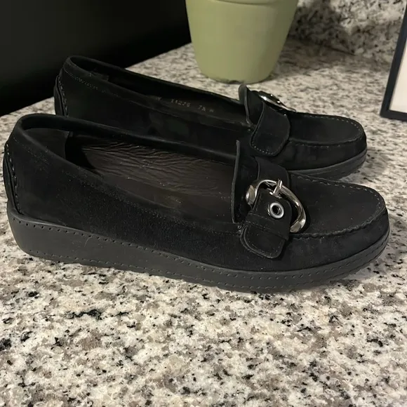 Stuart Weitzman Black Suede Silver Buckle Low Wedge Buckle Loafers Size 7 1/2