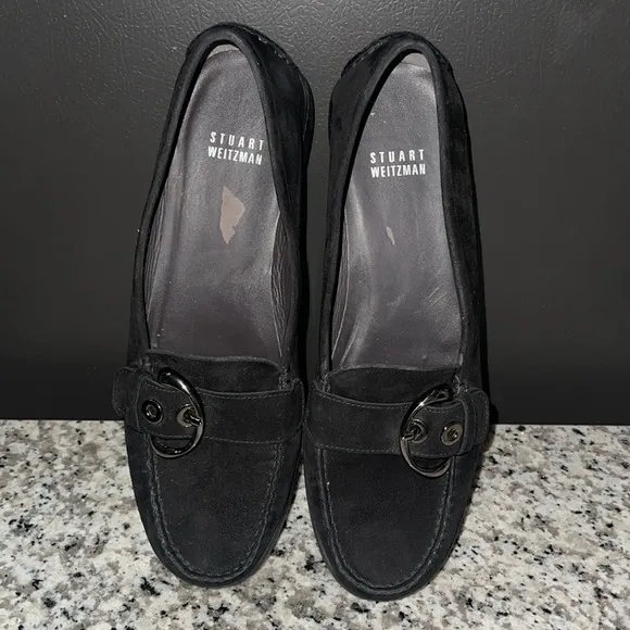 Stuart Weitzman Black Suede Silver Buckle Low Wedge Buckle Loafers Size 7 1/2