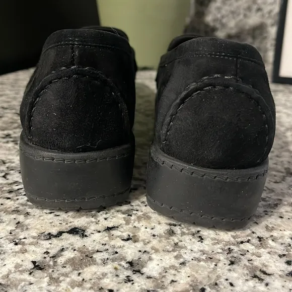 Stuart Weitzman Black Suede Silver Buckle Low Wedge Buckle Loafers Size 7 1/2