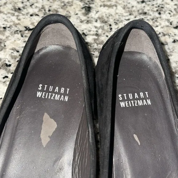 Stuart Weitzman Black Suede Silver Buckle Low Wedge Buckle Loafers Size 7 1/2
