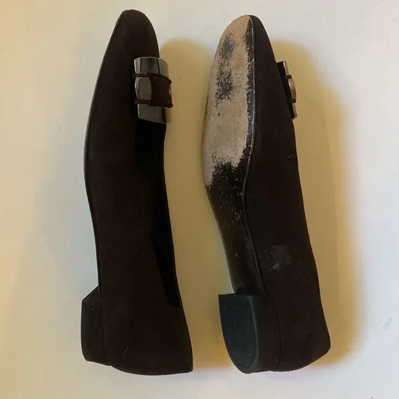 Stuart Weitzman Brown Suede Flats with Silver Metal Buckle Trim, Size 8 #281