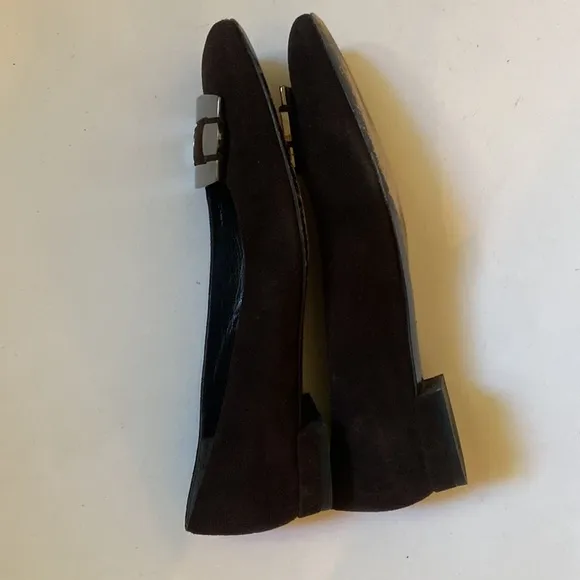 Stuart Weitzman Brown Suede Flats with Silver Metal Buckle Trim, Size 8 #281