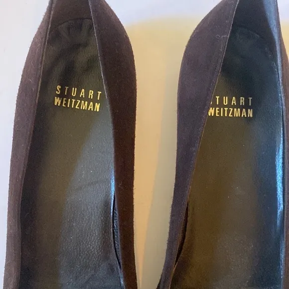 Stuart Weitzman Brown Suede Flats with Silver Metal Buckle Trim, Size 8 #281