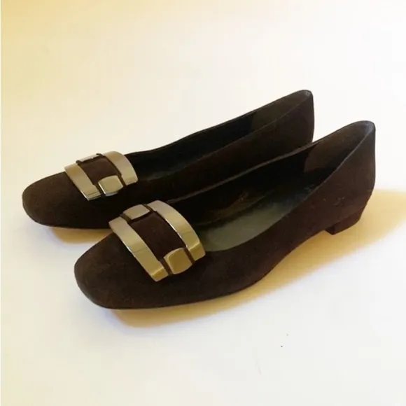 Stuart Weitzman Brown Suede Flats with Silver Metal Buckle Trim, Size 8 #281