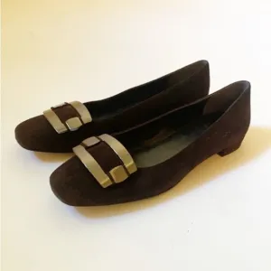 Stuart Weitzman Brown Suede Flats with Silver Metal Buckle Trim, Size 8 #281