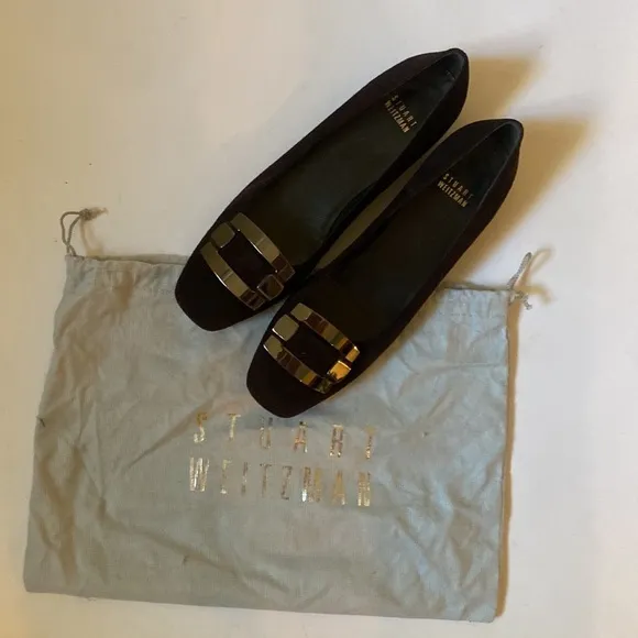 Stuart Weitzman Brown Suede Flats with Silver Metal Buckle Trim, Size 8 #281