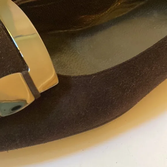 Stuart Weitzman Brown Suede Flats with Silver Metal Buckle Trim, Size 8 #281