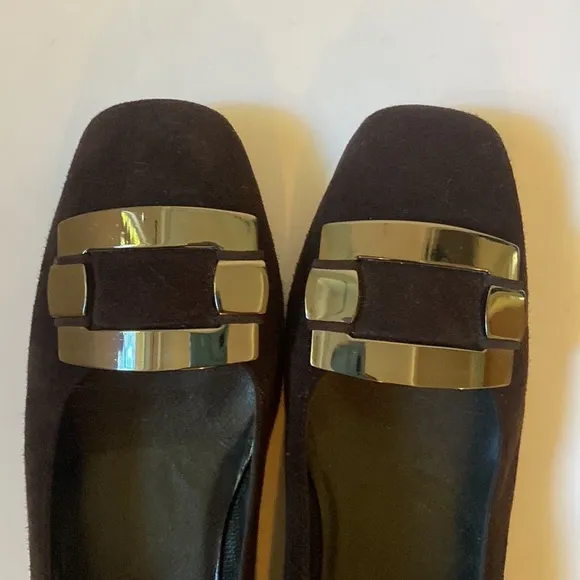 Stuart Weitzman Brown Suede Flats with Silver Metal Buckle Trim, Size 8 #281