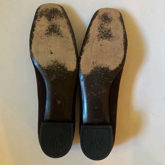 Stuart Weitzman Brown Suede Flats with Silver Metal Buckle Trim, Size 8 #281