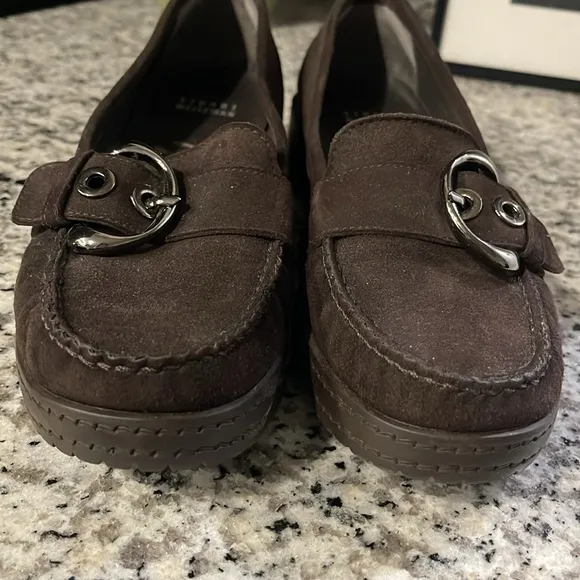 Stuart Weitzman Brown Suede Silver Buckle Low Wedge Buckle Loafers Size 7