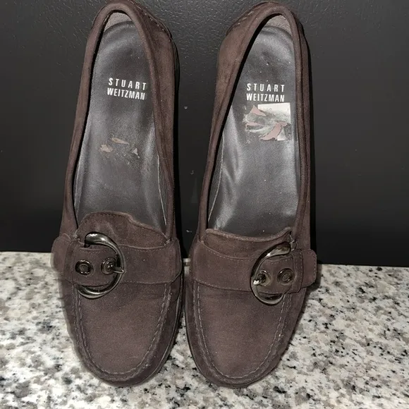 Stuart Weitzman Brown Suede Silver Buckle Low Wedge Buckle Loafers Size 7