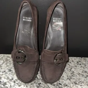 Stuart Weitzman Brown Suede Silver Buckle Low Wedge Buckle Loafers Size 7