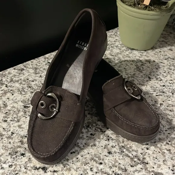 Stuart Weitzman Brown Suede Silver Buckle Low Wedge Buckle Loafers Size 7