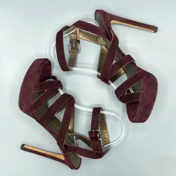 Stuart Weitzman Burgundy Suede‎ Multi-Strap Platform Sandals Size 9.5 Stiletto