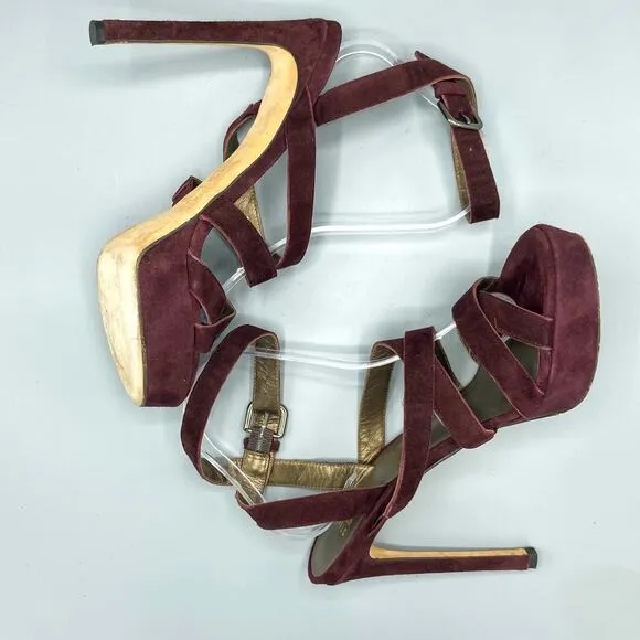 Stuart Weitzman Burgundy Suede‎ Multi-Strap Platform Sandals Size 9.5 Stiletto
