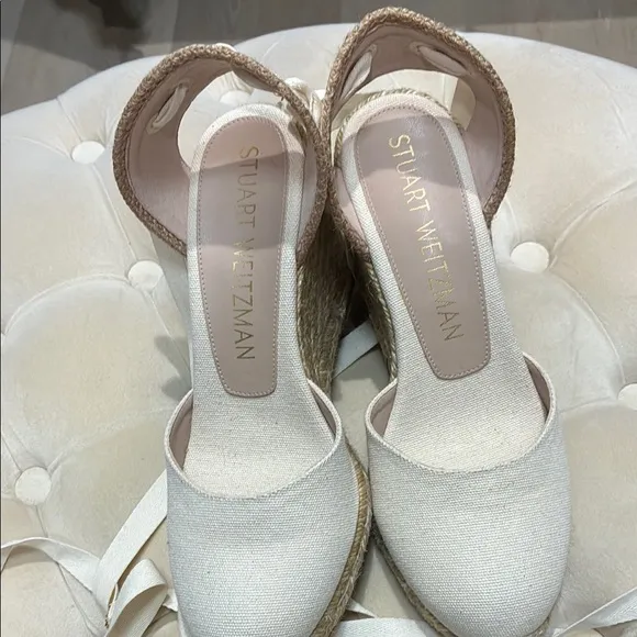Stuart Weitzman Cream Espadrille Shoes with Strappy Design
