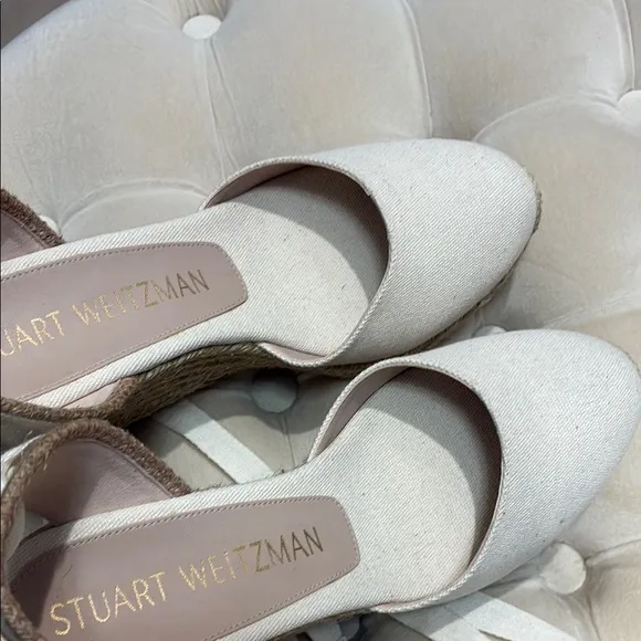 Stuart Weitzman Cream Espadrille Shoes with Strappy Design