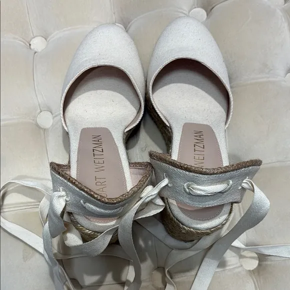 Stuart Weitzman Cream Espadrille Shoes with Strappy Design